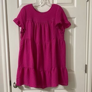 Bright pink Loft tier clip dot woven short sleeve dress - fits like a large